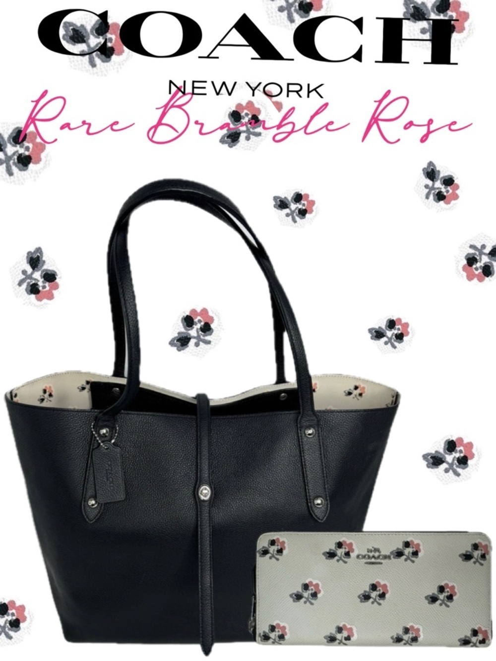 COACH MARKET TOTE IN BLACK PEBBLE LEATHER F36358 BRAMBLE CHALK FLORAL BAG